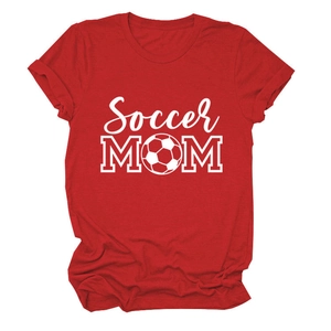 Detail of red Soccer Mom cotton t-shirt featuring printed football graphic and soft texture