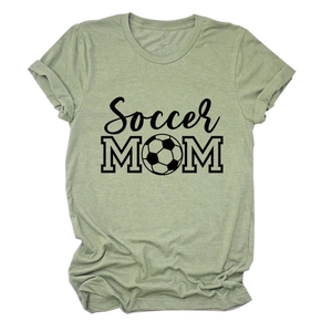 Detail of sage green cotton T-shirt featuring Soccer MOM text with a football graphic