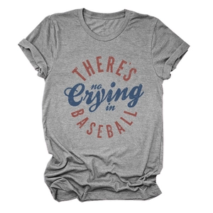 Detail view of the retro distressed lettering on grey cotton baseball crewneck t-shirt