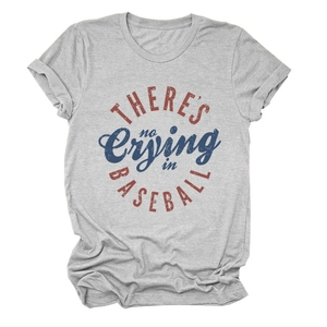Close-up of vintage distressed 'THERE'S NO CRYING IN BASEBALL' print on grey T-shirt