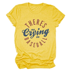 Close-up of yellow cotton t-shirt with vintage 'There's No Crying In Baseball' slogan