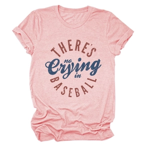 Detail of pink heather t-shirt featuring vintage There's No Crying In Baseball text print