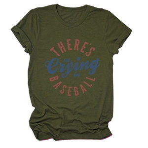 Close-up of military green cotton T-shirt with vintage 'No Crying in Baseball' slogan