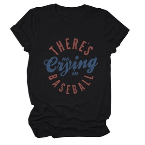 Close-up of vintage There's No Crying In Baseball graphic print on black cotton T-shirt