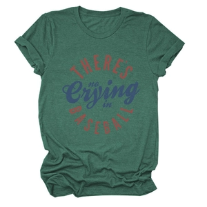 Detail of There's No Crying In Baseball graphic on dark green heather cotton t-shirt