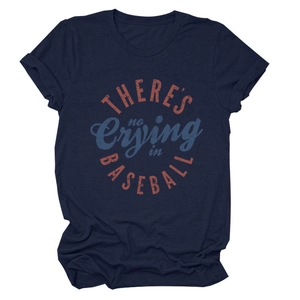 Detailed flat lay of navy blue cotton T-shirt with vintage baseball slogan print