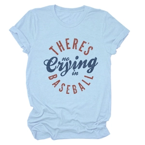 Detail of light blue cotton T-shirt featuring 'There's No Crying In Baseball' print