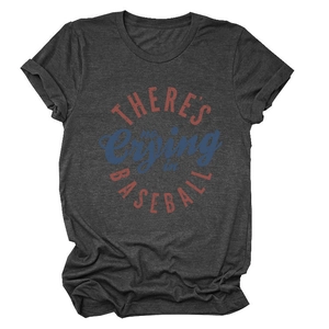 Close-up of There's No Crying In Baseball vintage graphic print on dark gray t-shirt