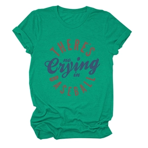 Detail of green cotton blend T-shirt with vintage 'There's No Crying In Baseball' print