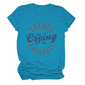 Detail of rolled cuffs on short sleeve teal baseball tee with quote print