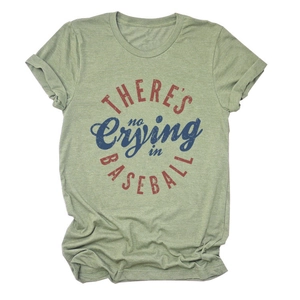 Detail of green cotton t-shirt featuring vintage baseball letter print and round neck