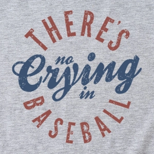 Grey cotton t-shirt featuring vintage red and blue Baseball slogan screen print