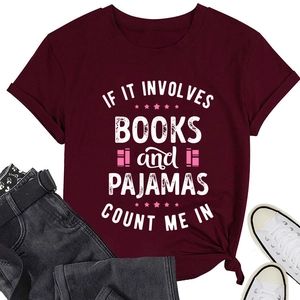 Detail of burgundy cotton T-shirt featuring printed book slogan and knotted waist styling