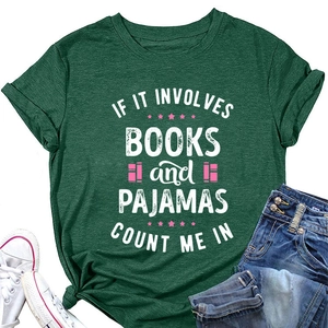 Close-up of 'Books and Pajamas' slogan print on deep green cotton casual t-shirt