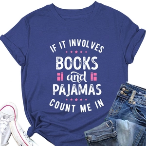 Detail view of cotton t-shirt with Books and Pajamas slogan print on navy blue fabric