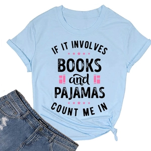 Detail of light blue cotton T-shirt featuring stars and books slogan print