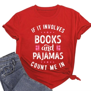 Detail of red cotton T-shirt featuring book lover quote print and side knot styling