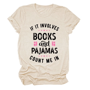 Detail of oat t-shirt with Books and Pajamas quote print and pink graphics