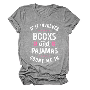 Detail of grey crewneck T-shirt showing retro slogan print for books and pajamas lovers