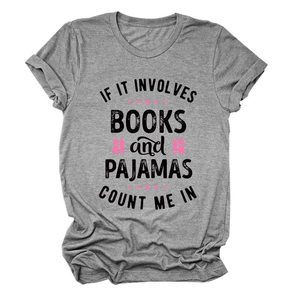 Detail of grey crewneck t-shirt with books and pajamas slogan print and knit texture