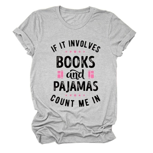 Detail of grey cotton T-shirt featuring Books and Pajamas slogan with pink book icons