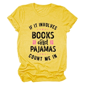 Detail of soft heather yellow cotton T-shirt featuring black slogan and book icons