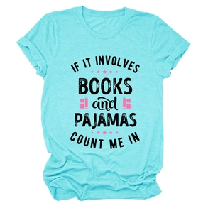 Detail of turquoise cotton T-shirt featuring black slogan and pink book icons