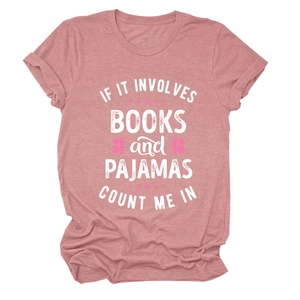 Detail of soft dusty pink cotton T-shirt with IF IT INVOLVES BOOKS slogan print