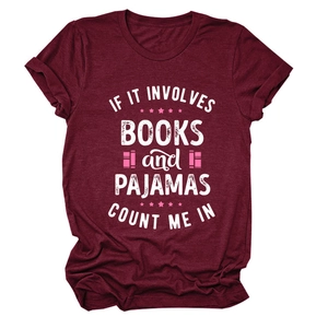 Detail of burgundy cotton T-shirt featuring Books and Pajamas printed text and graphics