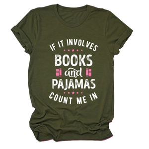 Detail of soft olive green cotton T-shirt with books and pajamas slogan print