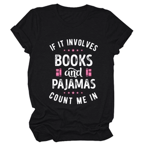 Detail of soft black cotton T-shirt featuring high-quality book and pajama print