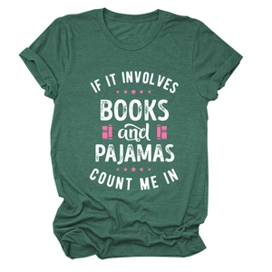 Close-up of dark green t-shirt fabric texture with books and pajamas text print