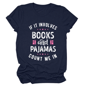 Close-up of navy blue T-shirt featuring soft fabric and Books and Pajamas printed slogan