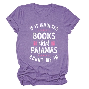 Detail of purple cotton T-shirt featuring high-quality white book lover slogan print