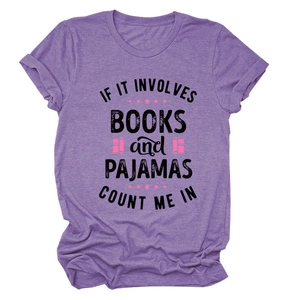 Detail of purple heather fabric texture and book quote print on the short sleeve t-shirt