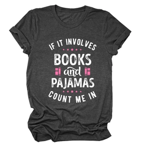 Dark gray cotton T-shirt featuring 'Books and Pajamas' slogan with round neck and short sleeves