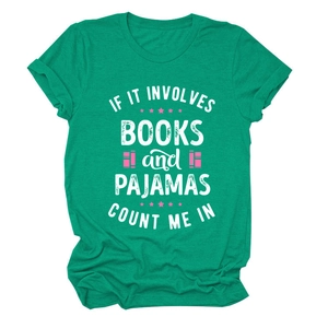Green cotton t-shirt with books and pajamas slogan print on a white background