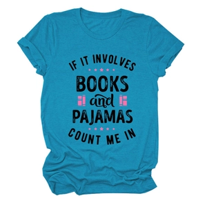 Detail of turquoise cotton t-shirt with 'Books and Pajamas' slogan and graphic print