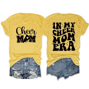Front and back detail of ginger Cheer Mom T-shirt with vintage retro graphic printing