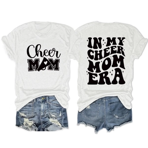 Close-up of dual-sided print on casual cotton t-shirt with Cheer Mom retro design