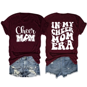 Detail showing the front and back of the burgundy Cheer Mom graphic t-shirt with print