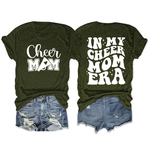 Front and back view of army green Cheer Mom graphic T-shirt with white lettering details