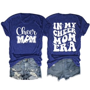 Dark blue Cheer Mom T-shirt with vintage white lettering and megaphone graphic style