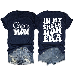 Front and back view of navy blue T-shirt featuring In My Cheer Mom Era white print