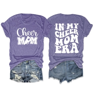 Detailed front and back view of purple Cheer Mom t-shirt and ripped denim shorts set