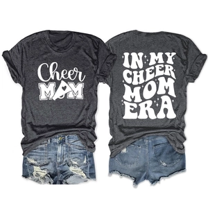 Detailed front and back view of dark gray T-shirt with white Cheer Mom graphics