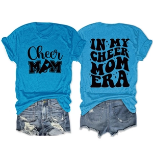 Bright blue Cheer Mom T-shirt with double-sided graphic prints and denim shorts set