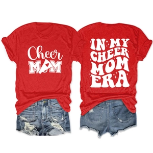 Front and back view of red Cheer Mom cotton T-shirt with vintage artistic lettering print