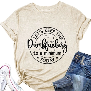 Detailed flat lay of beige cotton T-shirt with black slogan print and denim jeans