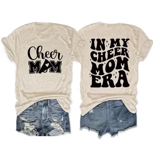 Women T-Shirt Short Sleeve Crew Neck Cotton Blend Casual Loose Double Sided Print Cheer Mom Era Lettering Graphic Top